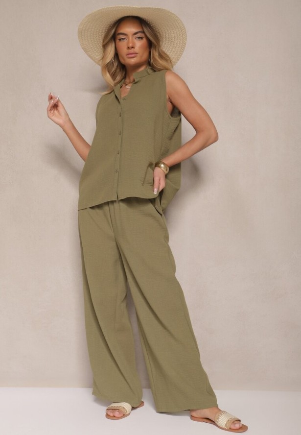 Ciemnozielony Komplet Koszula na Guziki bez Rękawów i Szerokie Spodnie Telaritia