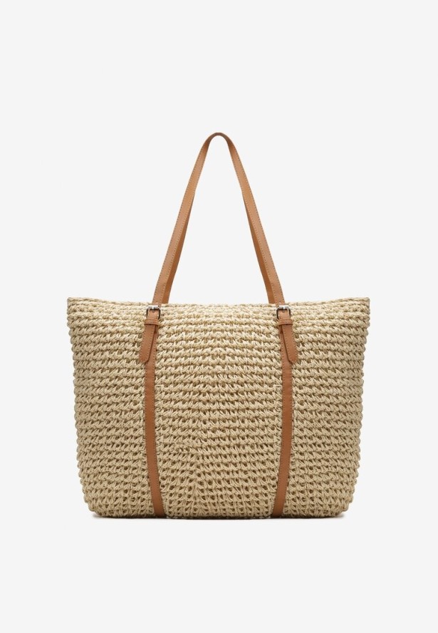 Jasnobeżowa Pleciona Torebka Shopper z Rączkami Zapinana na Suwak Alulasa