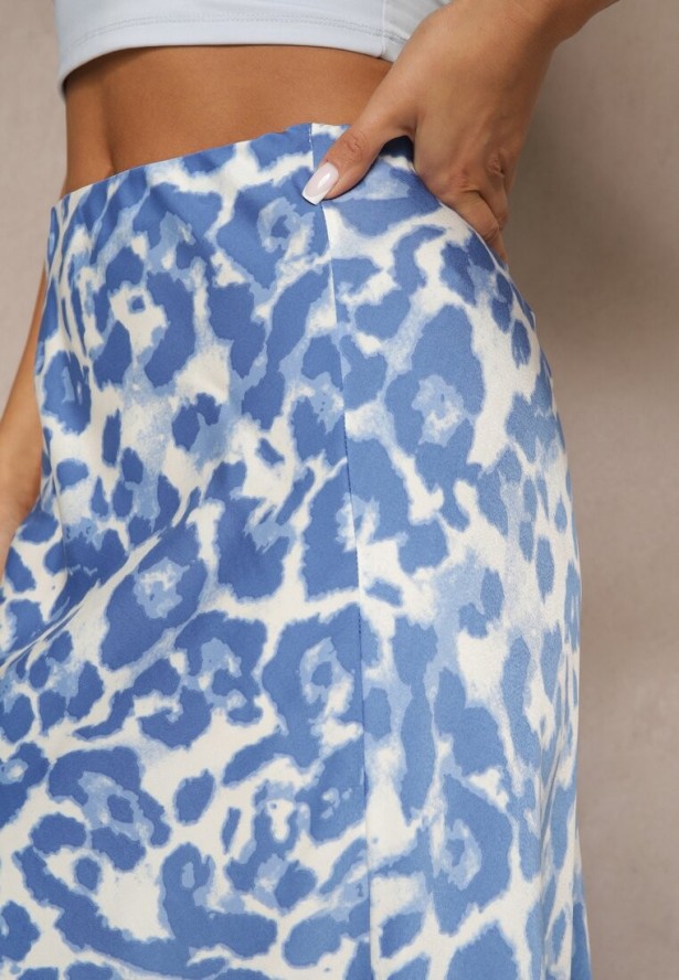 Niebiesko-Beżowa Panterkowa Spódnica z Wiskozy High Waist Fevirellea