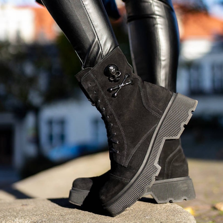 Czarne Botki Exquisite Modne Skórzane Buty Damskie