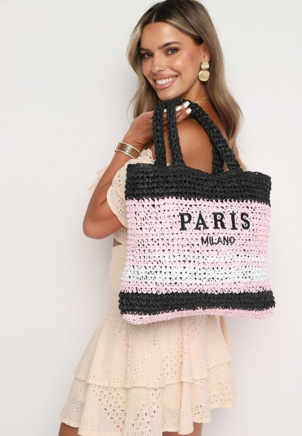 Różowo-Czarna Torebka z Plecionki z Napisem i Rączkami Yegelia