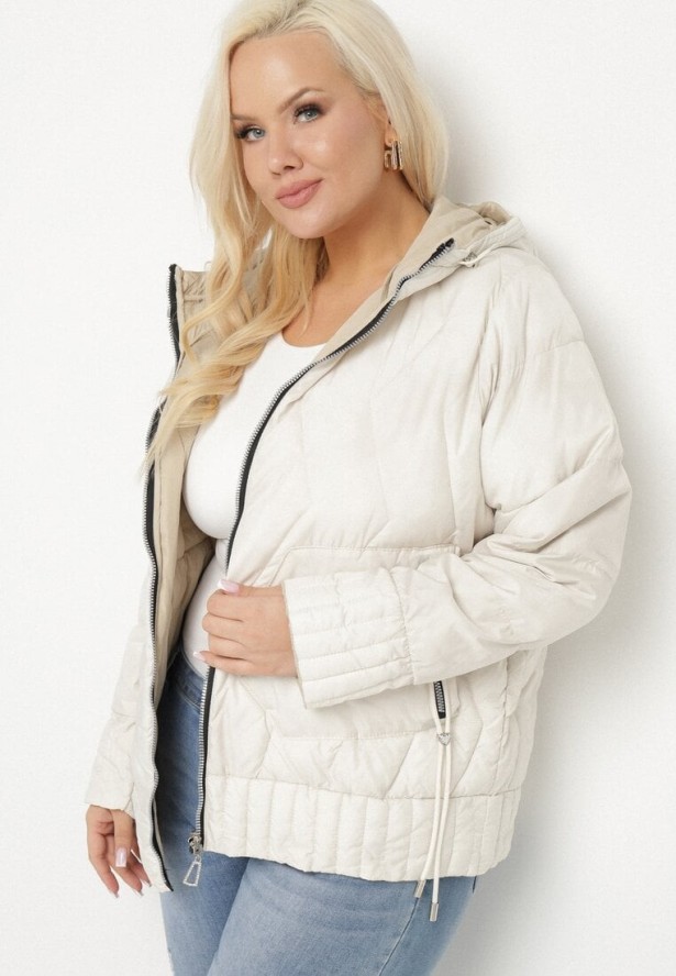 Biała Kurtka Dwustronna z Kapturem i Ozdobnym Pikowaniem Helritis