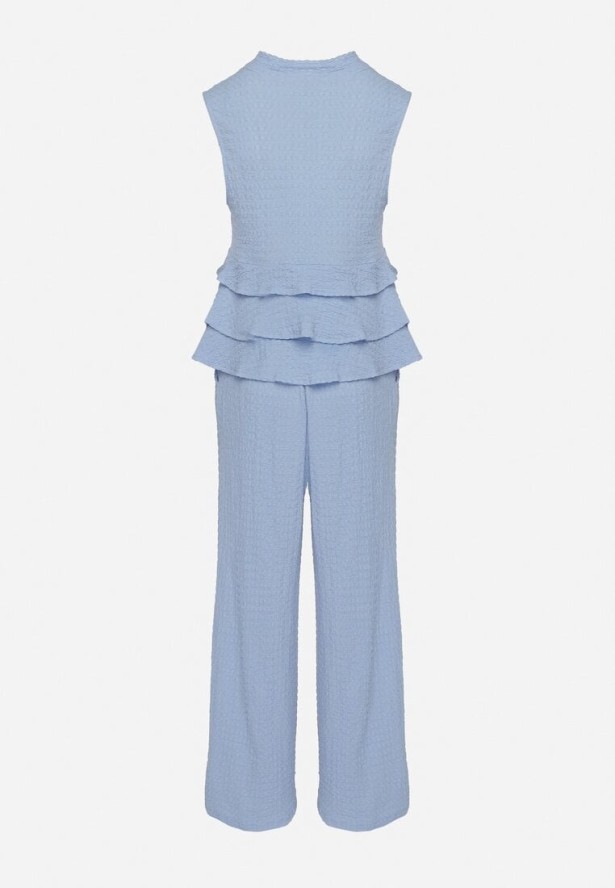 Jasnoniebieski Komplet Bluzka Bez Rękawów z Baskinką i Szerokie Spodnie Ulosinia