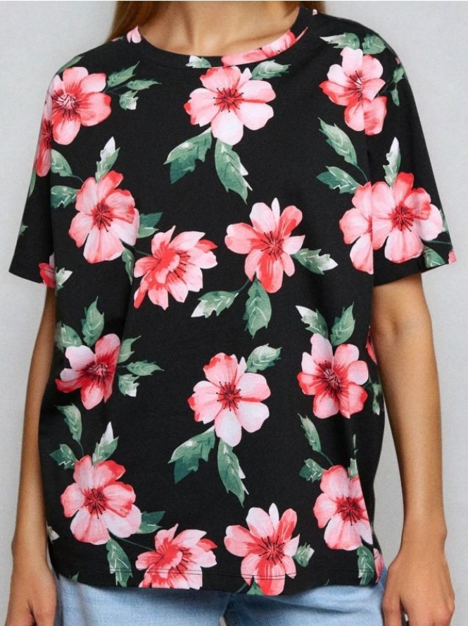 Wzorzysta koszulka z krótkim rękawem - czarny