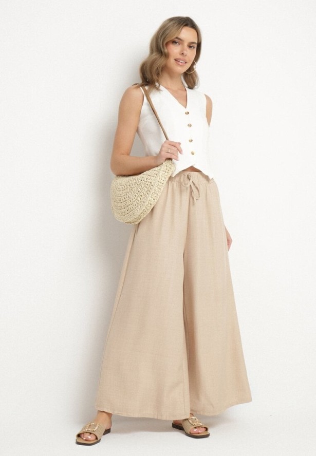 Beżowe Spodnie o Szerokim Kroju z Wysokim Stanem i Wiązaniem Telarieta