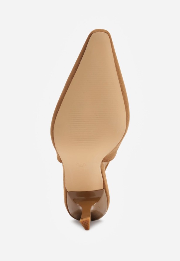 Brązowe Szpilki VICES Slingback Ozdobione Cyrkoniami na Obcasie Laodele