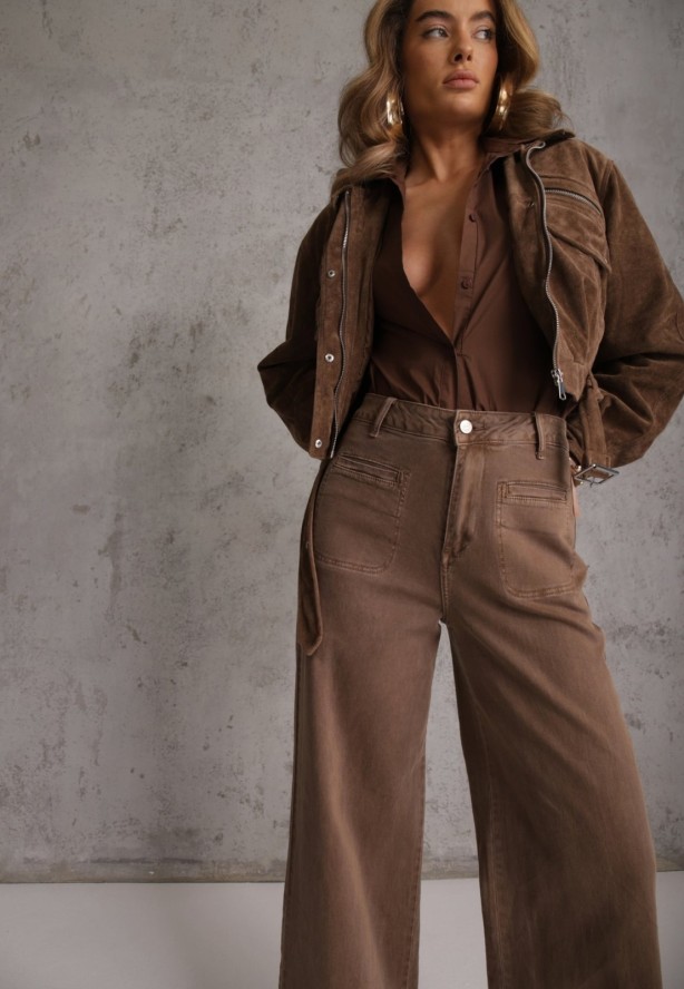 Brązowe Szerokie Jeansy High Waist z Bawełny Berinnessa
