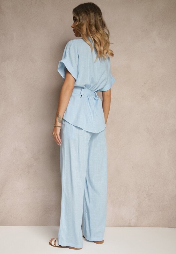 Niebieski Komplet z Bawełną Spodnie i Koszula z Paskiem Rinaretea