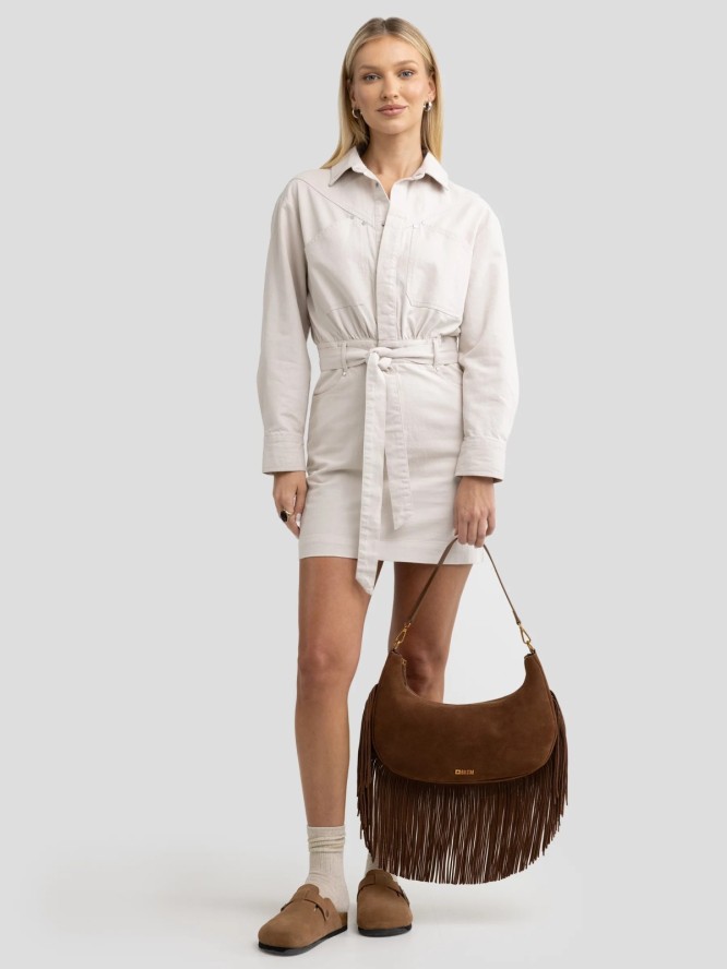 Torebka damska skórzana z frędzlami brązowa Arvia 803