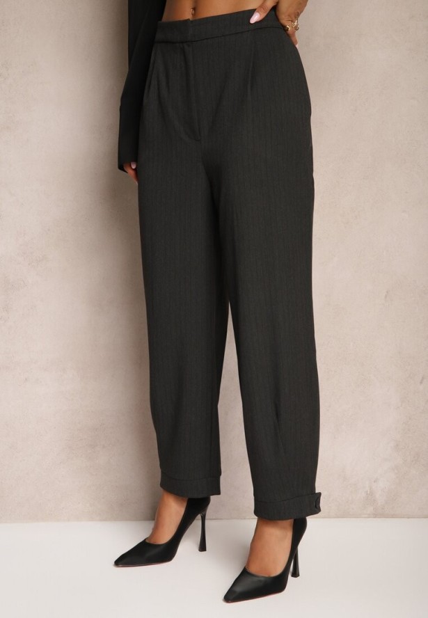 Ciemnoszare Garniturowe Spodnie o Szerokich Nogawkach Lekko Prążkowane High Waist Belbanne