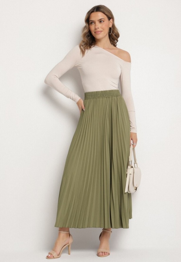 Jasnozielona Spódnica Plisowana o Rozkloszowanym Kroju z Gumką w Talii Sarlimi