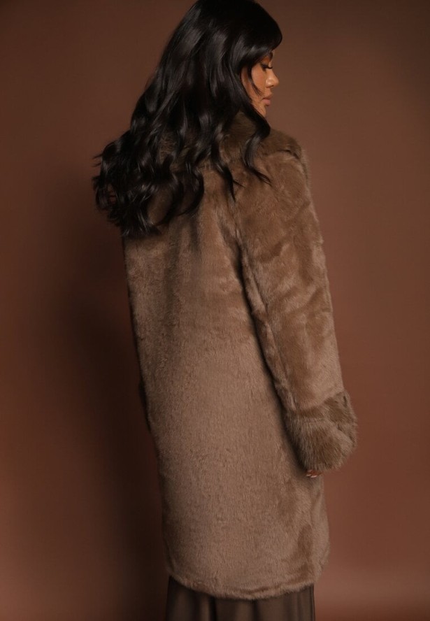 Brązowa Kurtka Futro o Długim Kroju z Wiskozą Ninnarlia