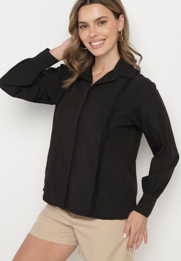 Czarna Koszula z Wiskozą i Koronkowymi Wstawkami Tenaraia