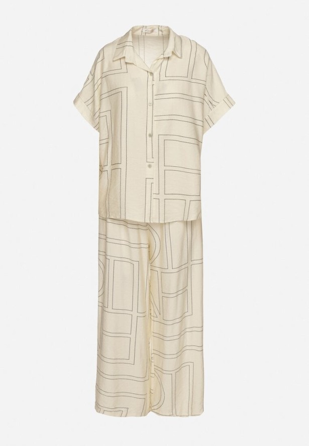 Jasnobeżowy Komplet z Lnem i Wiskozą Koszula i Spodnie w Geometryczny Wzór Fevoline