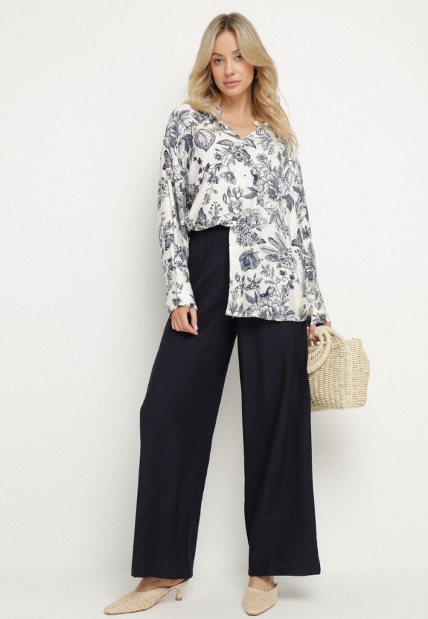 Granatowy Komplet Wiskozowy z Koszulą w Kwiaty i Szerokimi Spodniami Hanalore