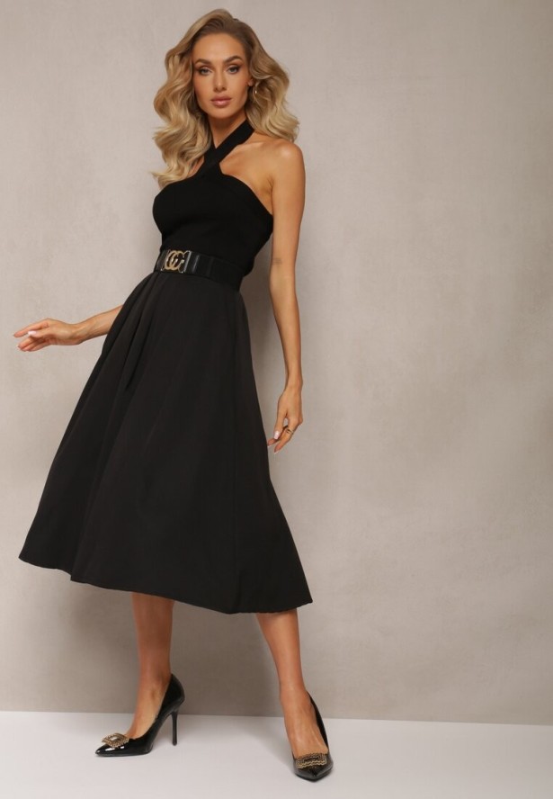 Czarna Spódnica Rozkloszowana z Paskiem Tenga