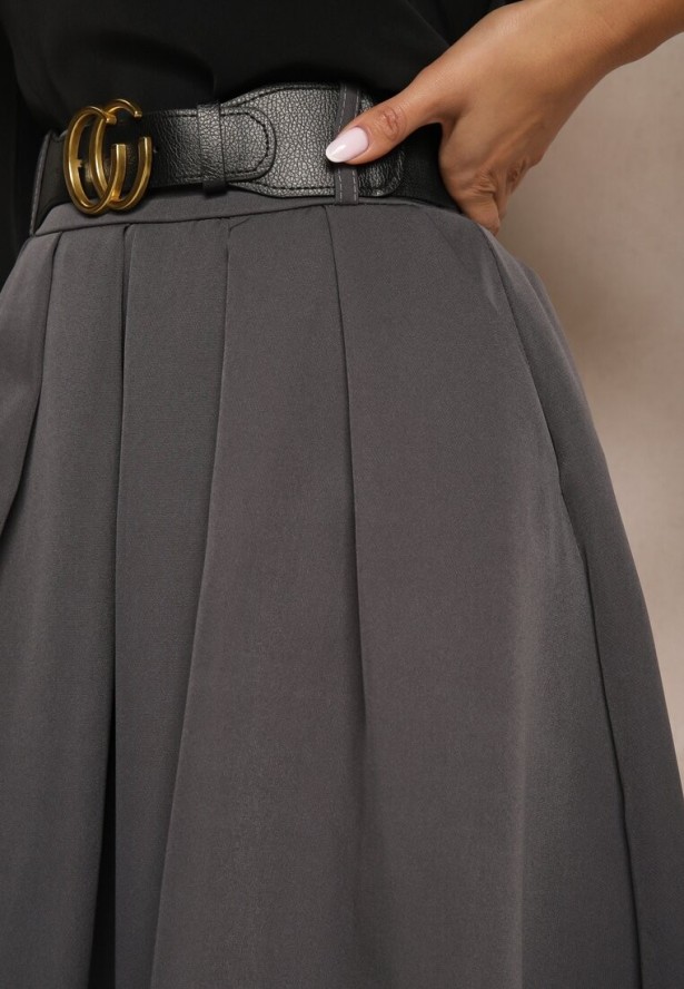 Szara Spódnica Rozkloszowana z Paskiem Tenga