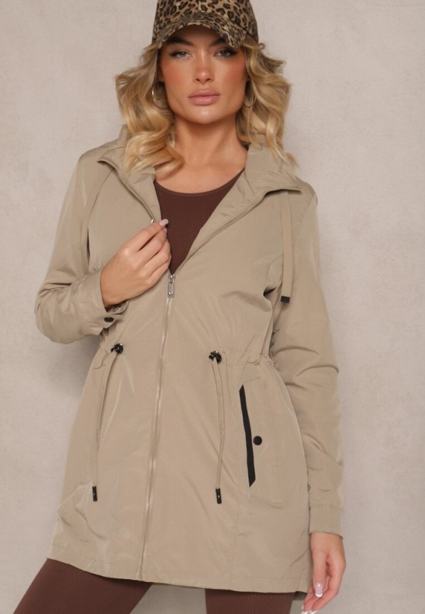 Ciemnobeżowa Przejściowa Kurtka o Fasonie Parki ze Ściągaczem w Talii Zolidi
