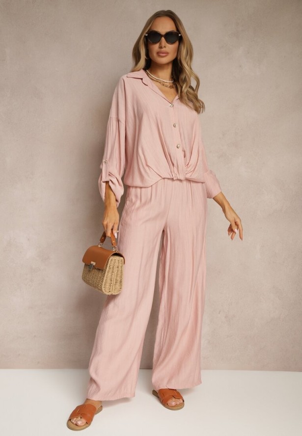 Różowy Komplet z Wiskozy w Stylu Oversize Szerokie Spodnie i Luźna Koszula na Guziki Natinne