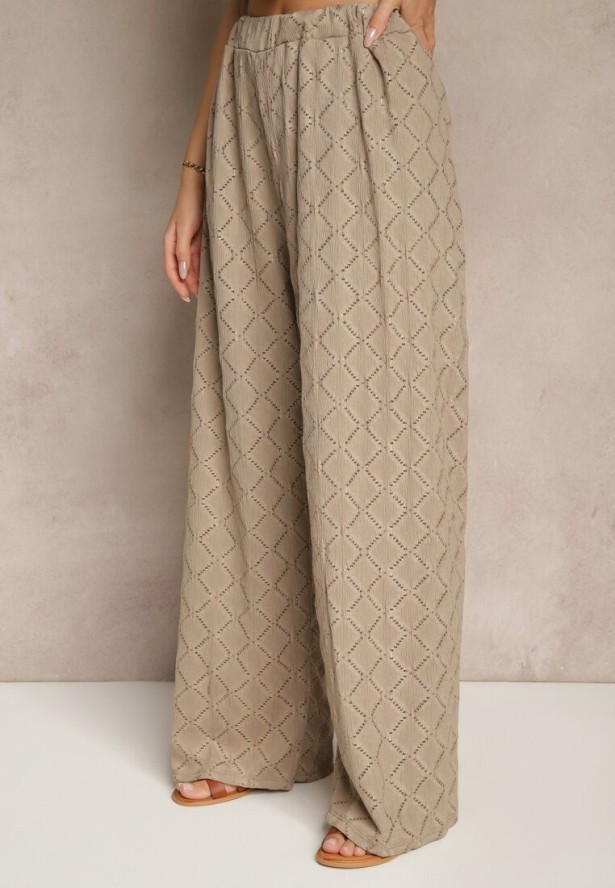 Jasnobrązowy Komplet o Ażurowym Wykończeniu Koszula i Długie Spodnie z Gumką w Pasie Bemvia