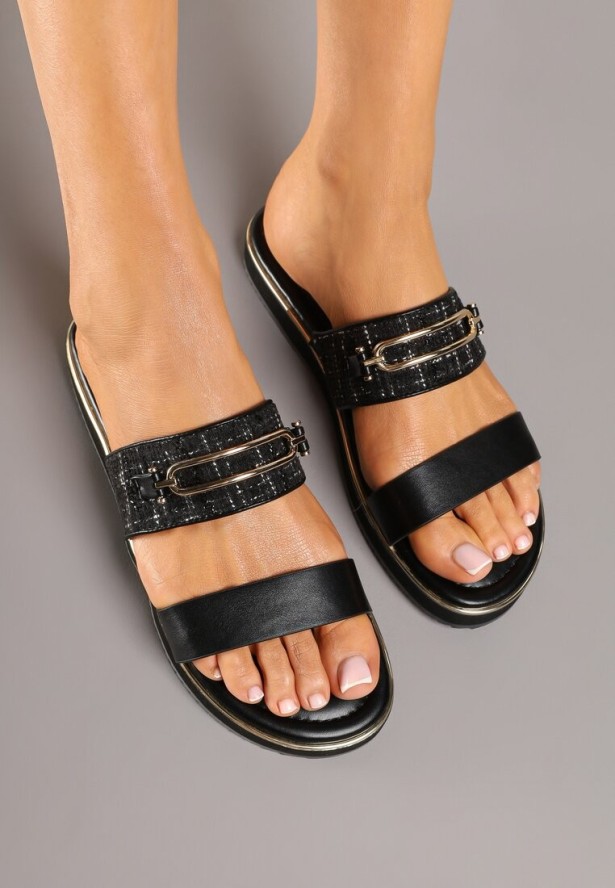 Czarne Płaskie Klapki z Tweedową Wstawką i Metaliczną Klamerką Felmio