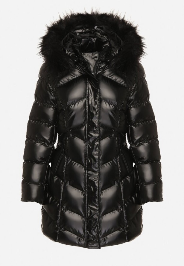 Czarna Pikowana Kurtka przed Kolano z Kapturem i Futerkiem Salasa