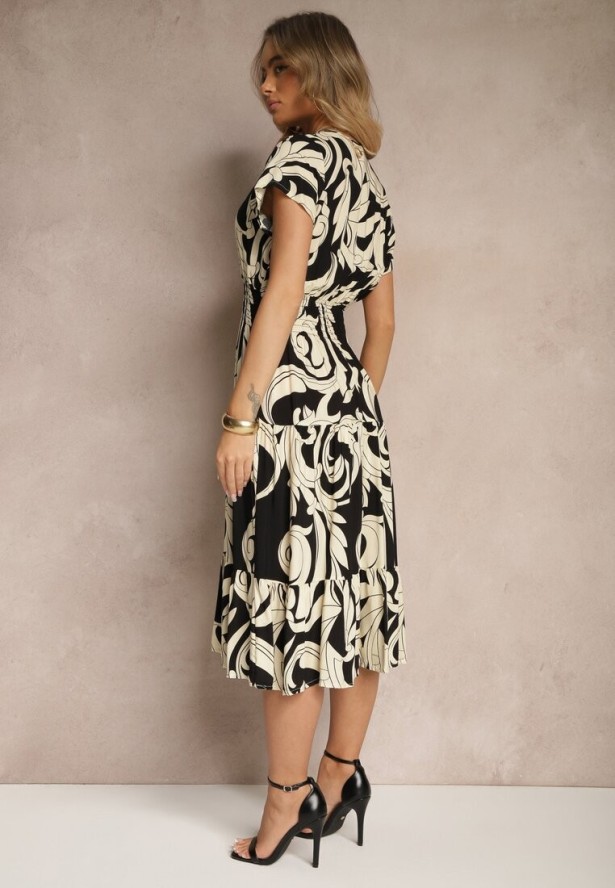 Czarna Bawełniana Sukienka z Abstrakcyjnym Motywem i Guzikami Talivea