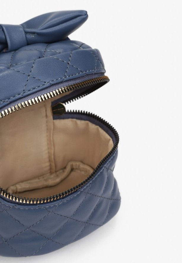 Granatowa Kwadratowa Pikowana Torebka z Ozdobną Kokardą i Suwakami Vianefa