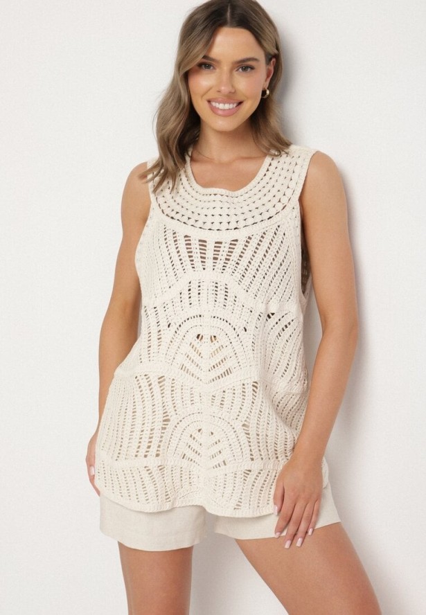 Beżowa Bawełniana Bluzka Oversize z Ażurowej Tkaniny Banirra