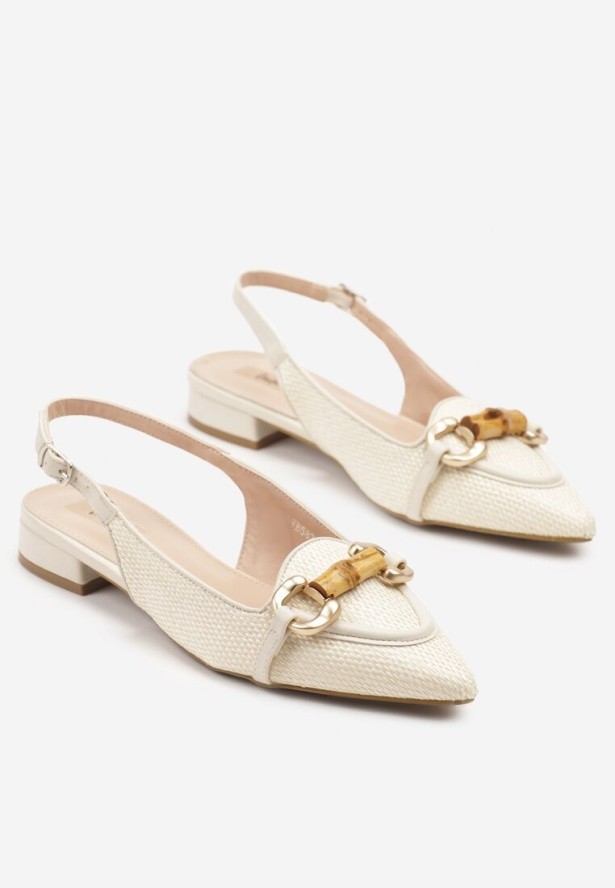 Beżowe Sandały z Noskiem w Szpic Zdobione Tweedem i Aplikacją Nilirith