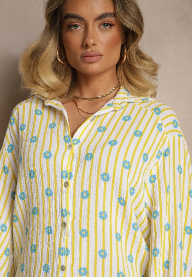 Żółta Koszula z Bawełny ze Wzorem Pasków i Kwiatów Naphera