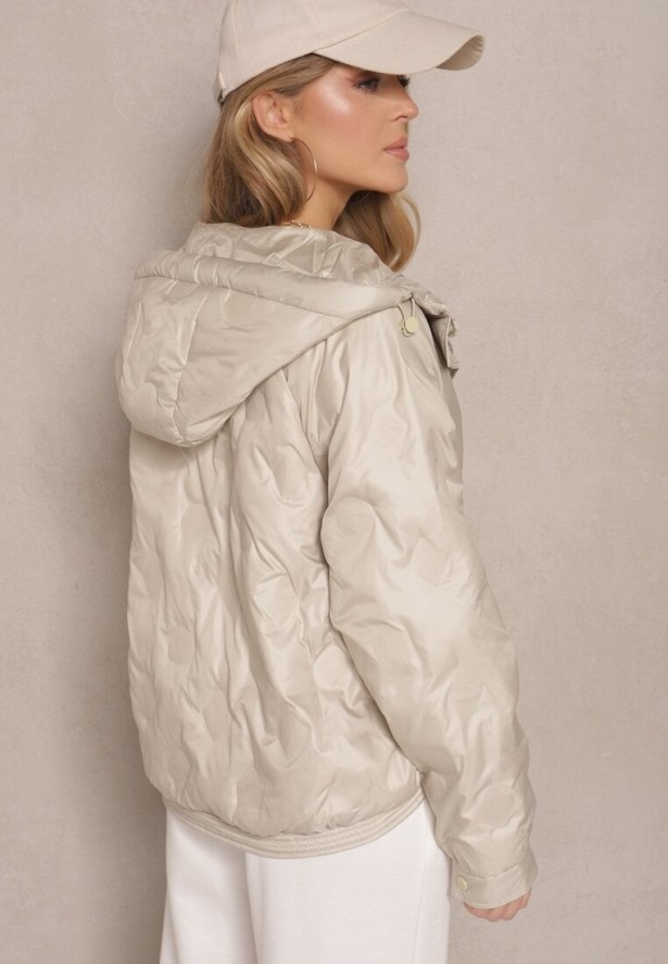 Beżowa Pikowana Kurtka w Stylu Utility z Kapturem Hiredia