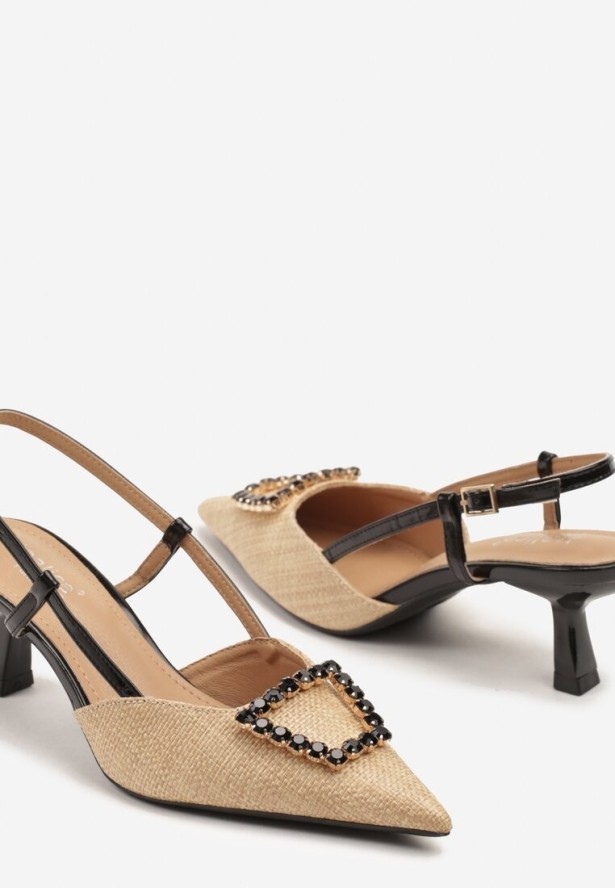 Czarne Tweedowe Sandały na Obcasie Kaczuszka z Noskiem w Szpic i Cyrkoniami Naliene