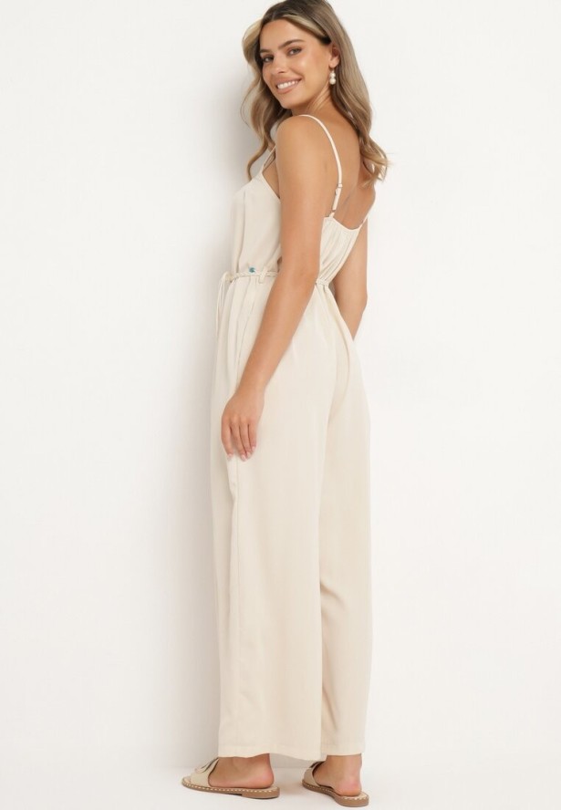 Jasnobeżowy Kombinezon na Cienkich Regulowanych Ramiączkach ze Ściągaczem w Talii Huetta