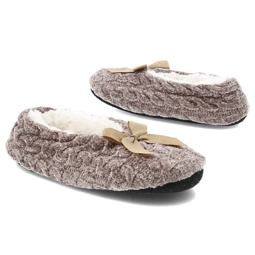 Bambosze damskie Moraj, pantofle ocieplane futerkiem z kokardą i antypoślizgową podeszwą, cappuccino, CDC800-023