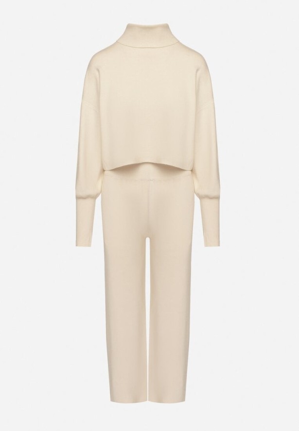 Beżowy Komplet Dzianinowy z Wiskozą Bluza Golf ze Ściągaczami i Szerokie Spodnie Noridra