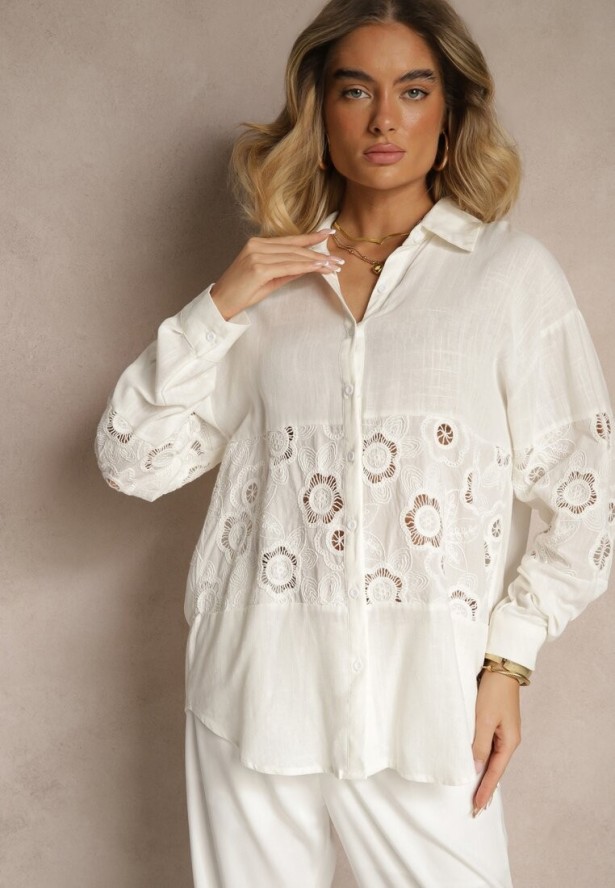 Biała Koszula Oversize z Lnem Zdobiona Ażurowymi Wstawkami Dannivra