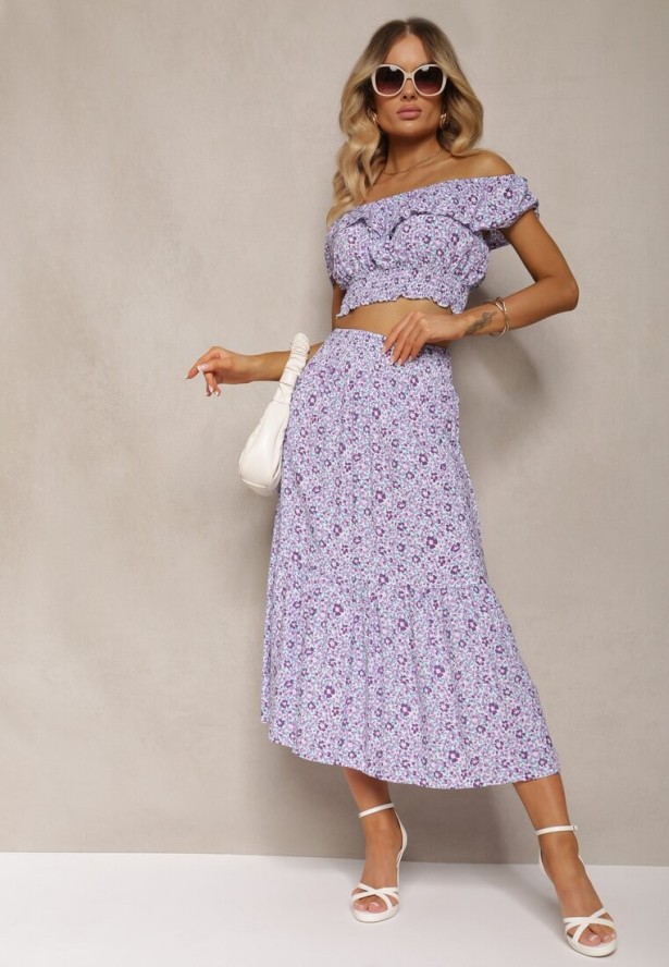 Fioletowy 2-częściowy Komplet Bawełniany z Topem i Długą Spódnicą w Kwiaty Agnda