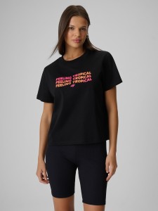 4F T-shirt boxy z nadrukiem damski - czarny XL