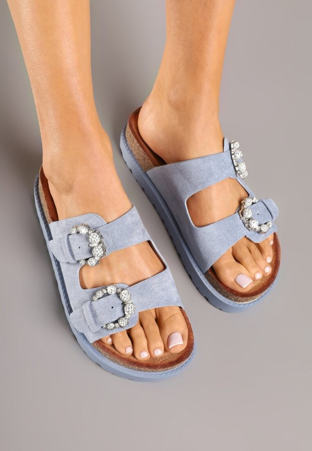 Niebieskie Klapki na Platformie z Korka Ozdobione Cyrkoniami Orrisca