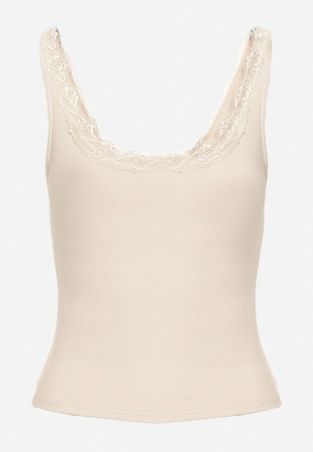 Jasnobeżowy Bawełniany Top na Szerokich Ramiączkach Zdobiony Koronką Linenia