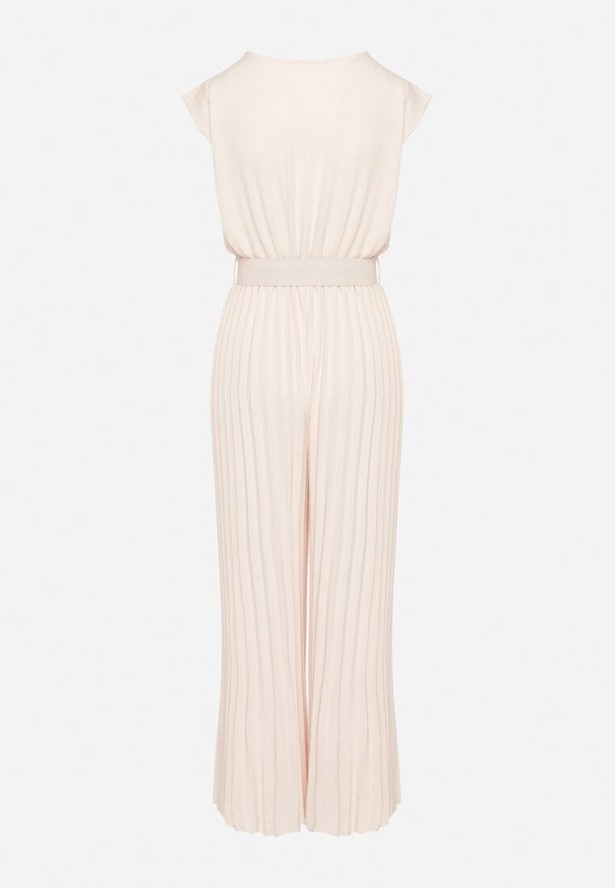 Beżowy Kombinezon o Kopertowym Kroju z Plisami i Paskiem w Talii Salivania