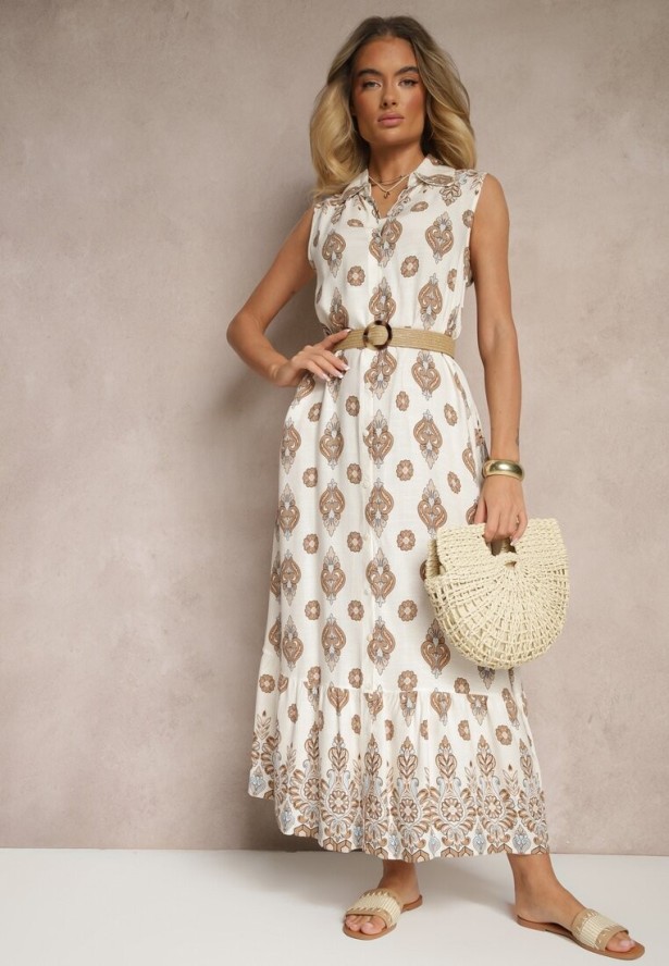 Beżowa Koszulowa Sukienka z Wiskozy Ozdobiona Paskiem z Klamrą Eranelis