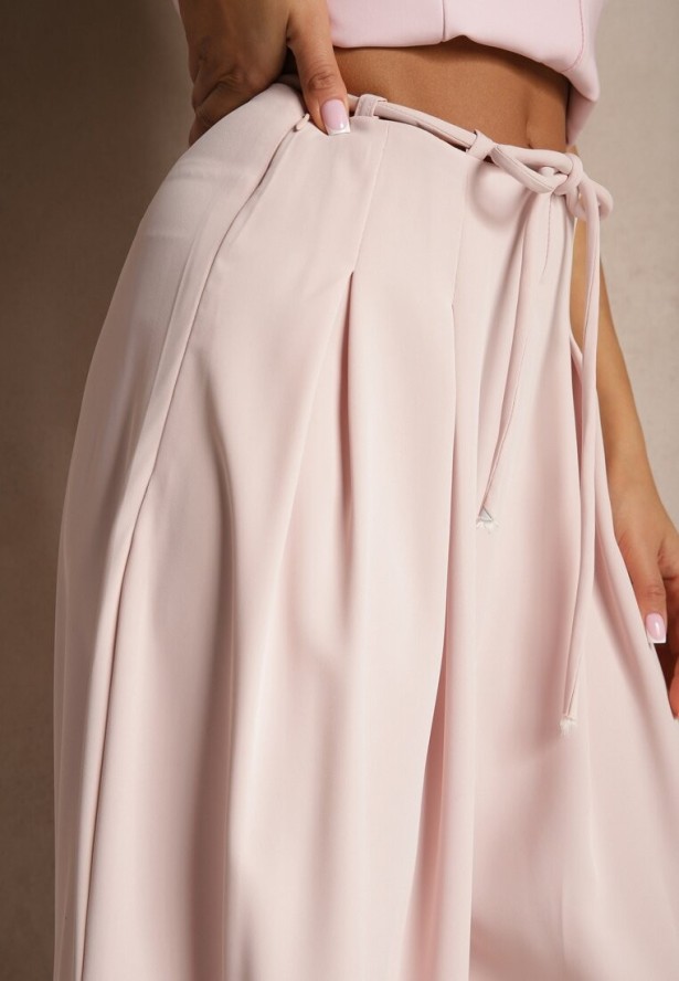 Różowe Szerokie Spodnie High Waist Zapinane na Suwak z Wiązaniem w Talii Vikonnia