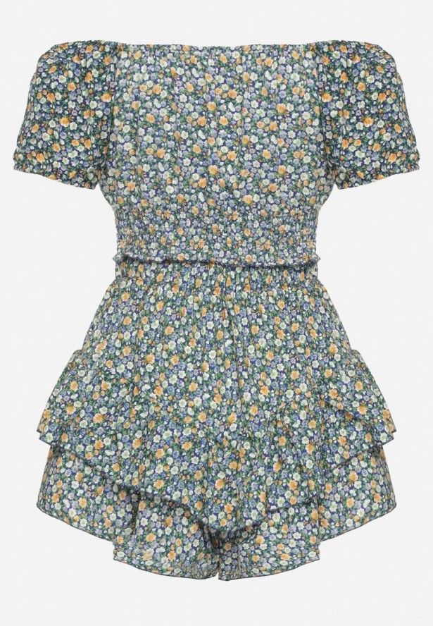 Granatowo-Zielony Komplet Bluzka Hiszpanka i Spódnico-Spodenki z Falbankami Sadelissea