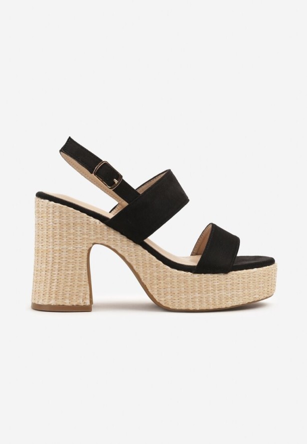 Czarne Sandały na Słupkowym Obcasie z Plecionki Evianne