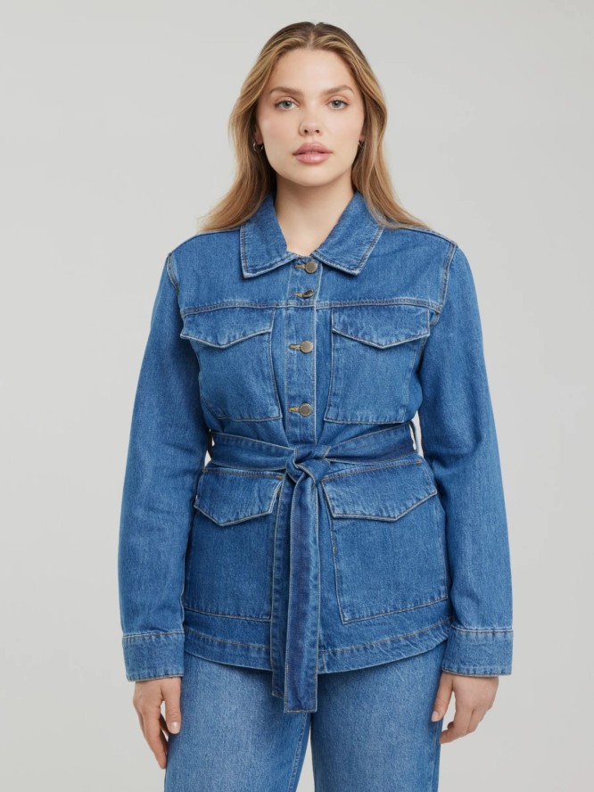 Kurtka damska jeansowa z wiązaniem w pasie niebieska Chelsey 379