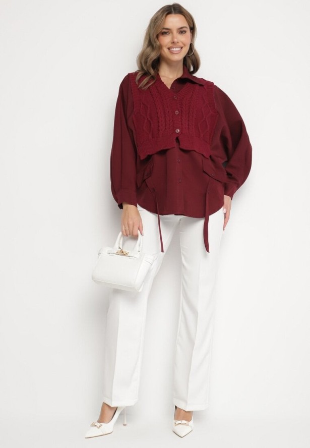 Bordowa Koszula o Nietoperzowym Kroju z Naszytą Dzianinową Kamizelką Hanorielin