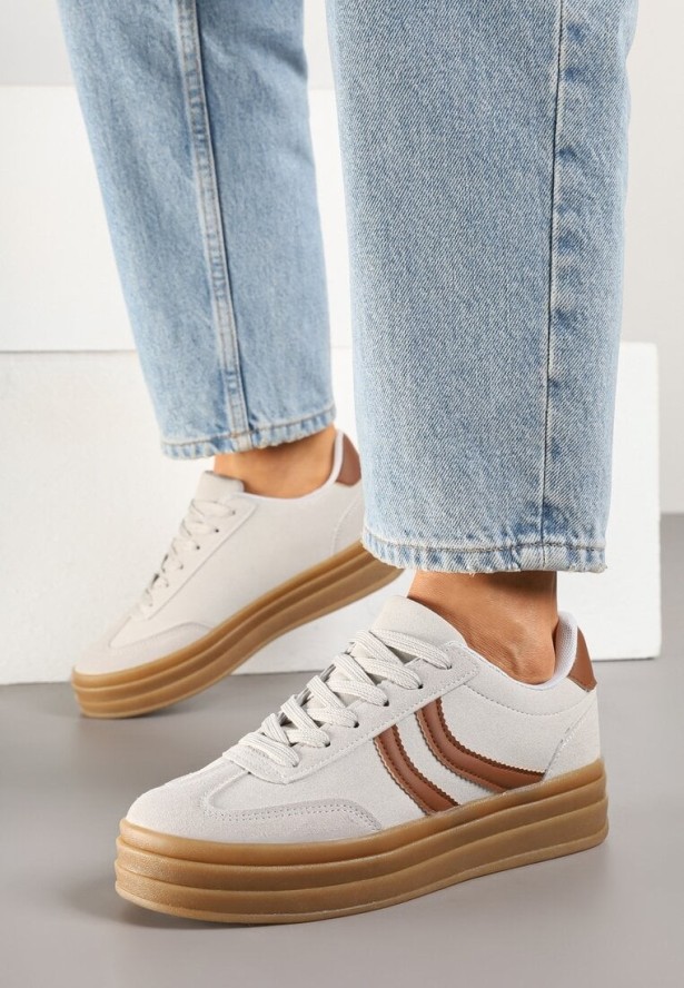 Szare Sneakersy Typu Kultowe Tenisówki na Grubej Podeszwie z Tłoczeniem Lisanitea