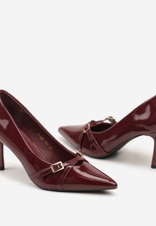 Bordowe Szpilki Vices Lakierowane Ozdobione Paskami z Klamrami Tameliae